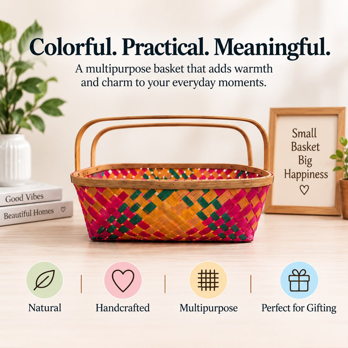 Handcrafted Dyed Bamboo Multipurpose Basket, Colorful Diamond Weave, Fruit & Gift Hamper Pooja Basket with Handle, Ideal for gifting