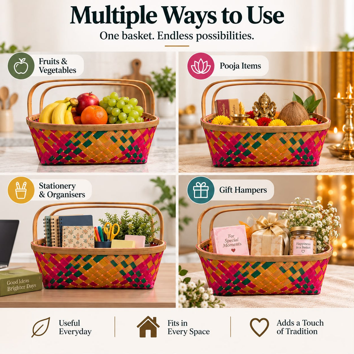 Handcrafted Dyed Bamboo Multipurpose Basket, Colorful Diamond Weave, Fruit & Gift Hamper Pooja Basket with Handle, Ideal for gifting
