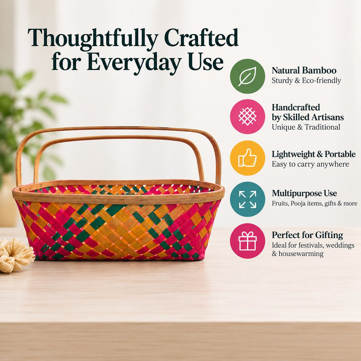 Handcrafted Dyed Bamboo Multipurpose Basket, Colorful Diamond Weave, Fruit & Gift Hamper Pooja Basket with Handle, Ideal for gifting