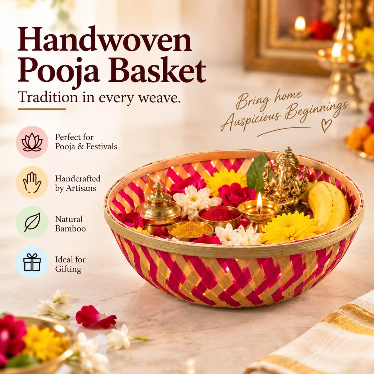 Handwoven Bamboo Pooja Basket, Flower & Prasad Offering Bowl for Temple, Home Mandir Puja, Festivals, Ideal as Housewarming, festival & Pooja Gift, 2 Pieces (small+Large)
