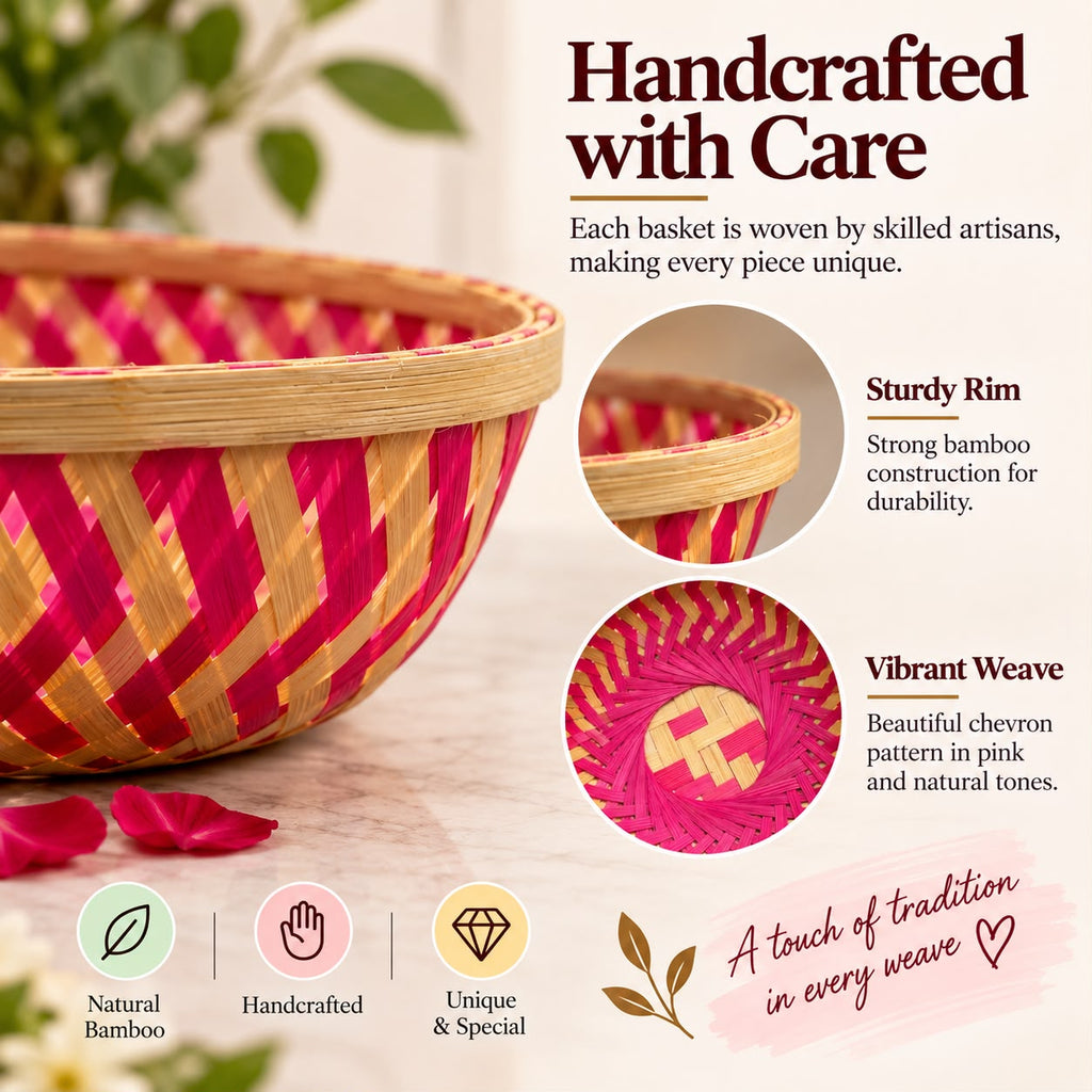 Handwoven Bamboo Pooja Basket, Flower & Prasad Offering Bowl for Temple, Home Mandir Puja, Festivals, Ideal as Housewarming, festival & Pooja Gift, 2 Pieces (small+Large)