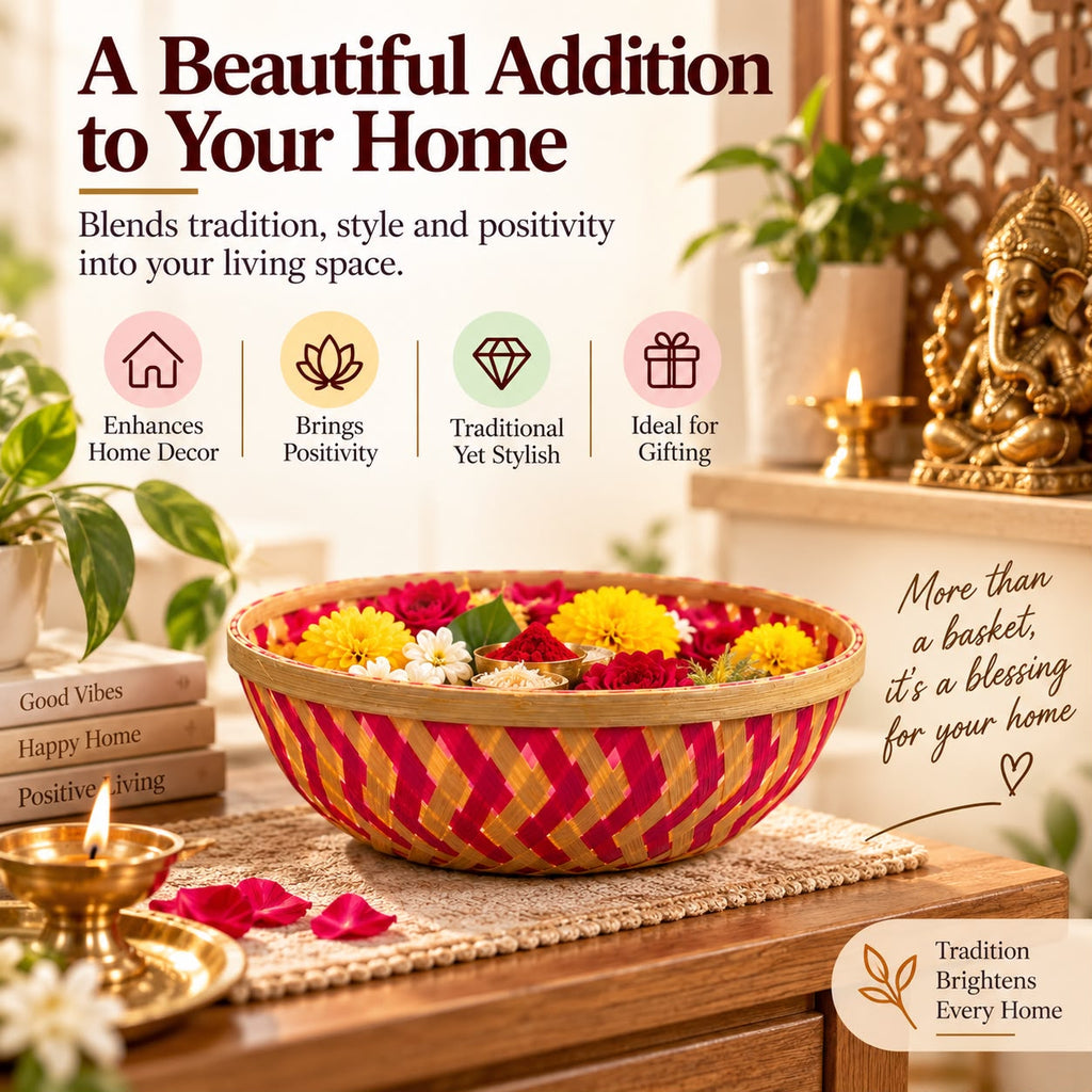 Handwoven Bamboo Pooja Basket, Flower & Prasad Offering Bowl for Temple, Home Mandir Puja, Festivals, Ideal as Housewarming, festival & Pooja Gift, 2 Pieces (small+Large)