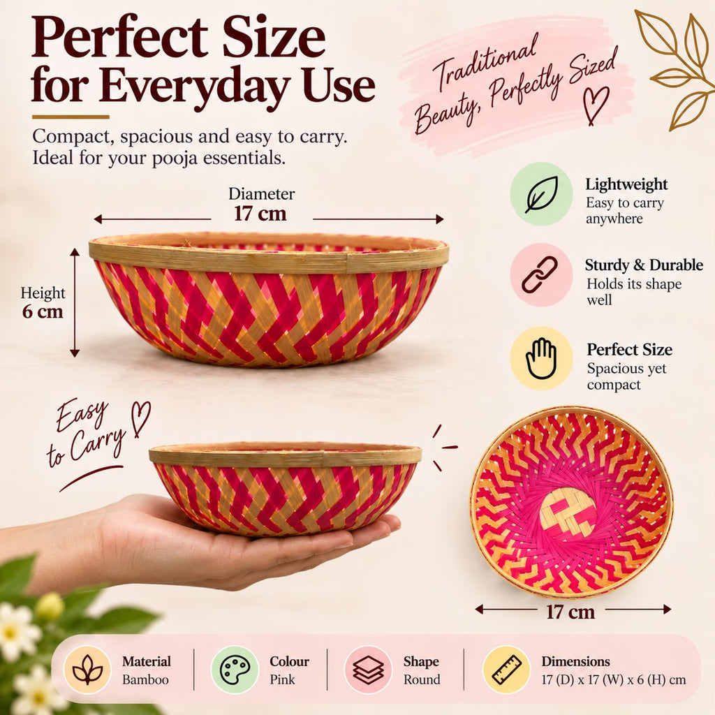 Handwoven Bamboo Pooja Basket, Flower & Prasad Offering Bowl for Temple, Home Mandir Puja, Festivals, Ideal as Housewarming, festival & Pooja Gift, 2 Pieces (small+Large)