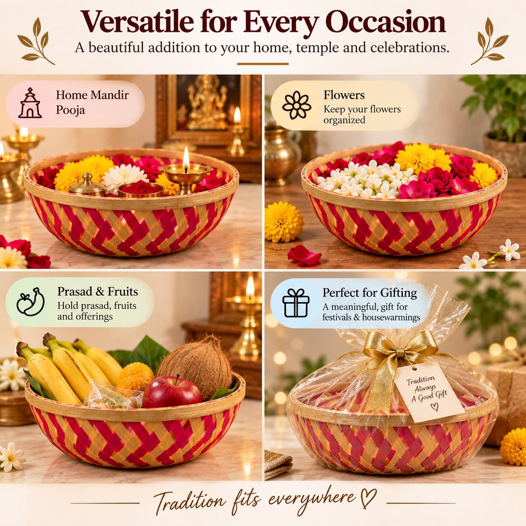 Handwoven Bamboo Pooja Basket, Flower & Prasad Offering Bowl for Temple, Home Mandir Puja, Festivals, Ideal as Housewarming, festival & Pooja Gift, 2 Pieces (small+Large)