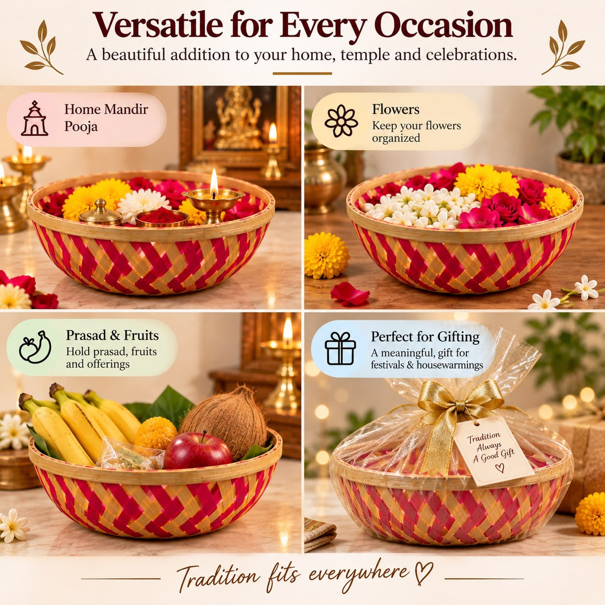 Handwoven Bamboo Pooja Basket, Flower & Prasad Offering Bowl for Temple, Home Mandir Puja, Festivals, Ideal as Housewarming, festival & Pooja Gift, 2 Pieces (small+Large)