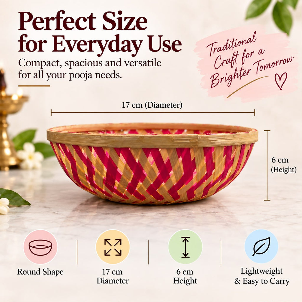 Handwoven Bamboo Pooja Basket, Flower & Prasad Offering Bowl for Temple, Home Mandir Puja, Festivals, Ideal as Housewarming, festival & Pooja Gift, 2 Pieces (small+Large)