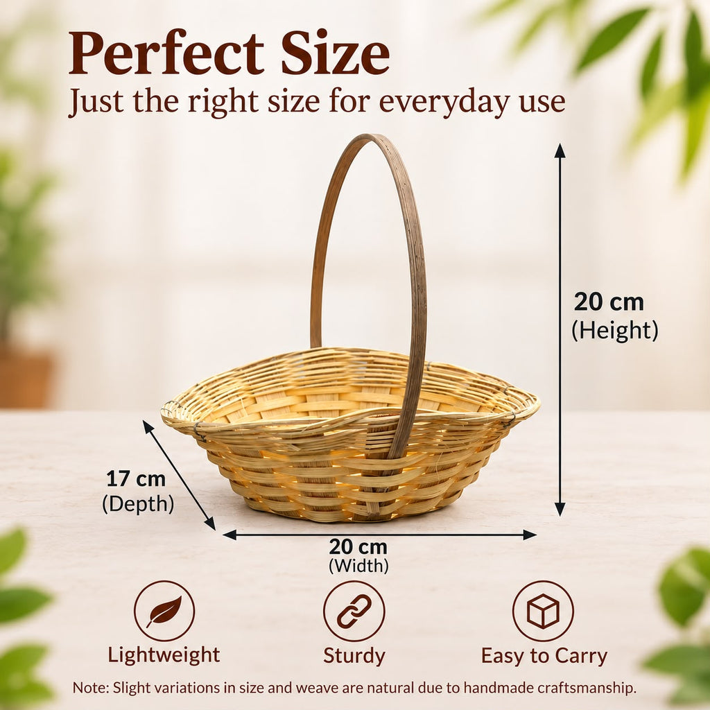 2 Handwoven Natural Bamboo Basket with Tall Handle, Boat-Shaped Flower & Pooja Offering Basket, Multipurpose Craft Basket for Temple, Haldi-Kumkum, Wedding & Festive Use