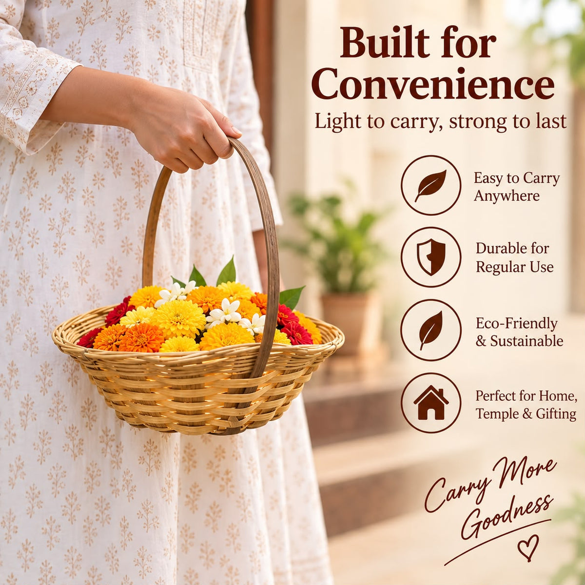 2 Handwoven Natural Bamboo Basket with Tall Handle, Boat-Shaped Flower & Pooja Offering Basket, Multipurpose Craft Basket for Temple, Haldi-Kumkum, Wedding & Festive Use