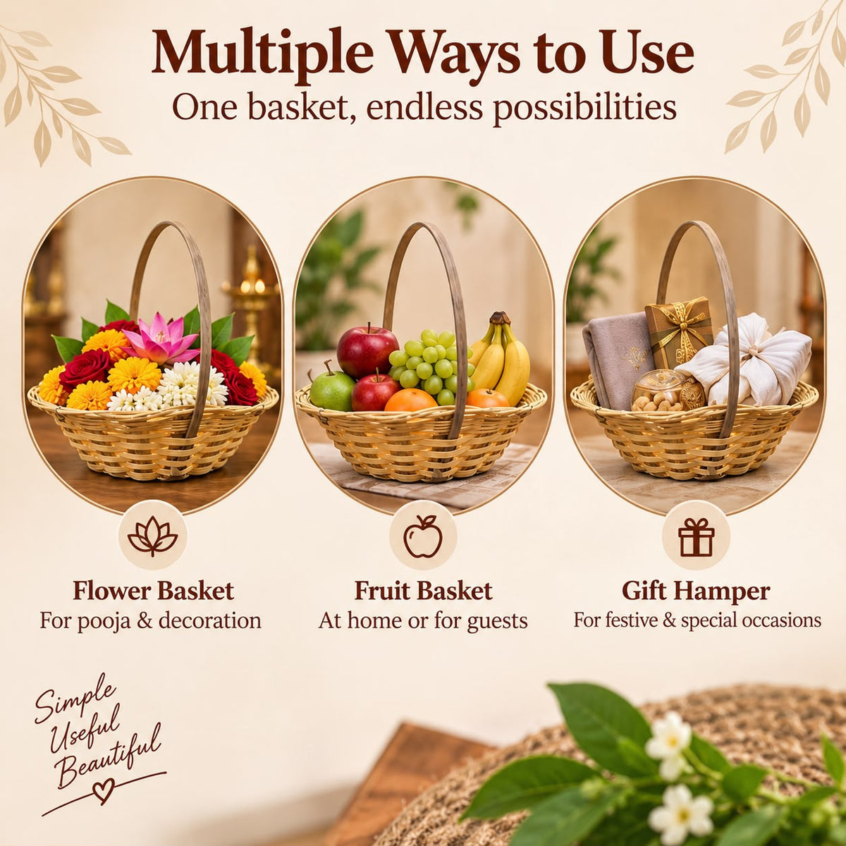 2 Handwoven Natural Bamboo Basket with Tall Handle, Boat-Shaped Flower & Pooja Offering Basket, Multipurpose Craft Basket for Temple, Haldi-Kumkum, Wedding & Festive Use