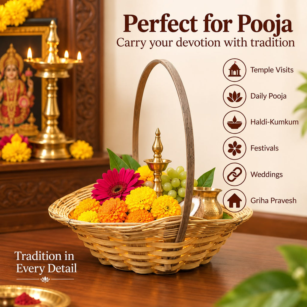 2 Handwoven Natural Bamboo Basket with Tall Handle, Boat-Shaped Flower & Pooja Offering Basket, Multipurpose Craft Basket for Temple, Haldi-Kumkum, Wedding & Festive Use