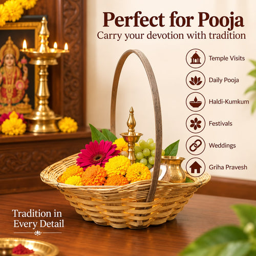 2 Handwoven Natural Bamboo Basket with Tall Handle, Boat-Shaped Flower & Pooja Offering Basket, Multipurpose Craft Basket for Temple, Haldi-Kumkum, Wedding & Festive Use