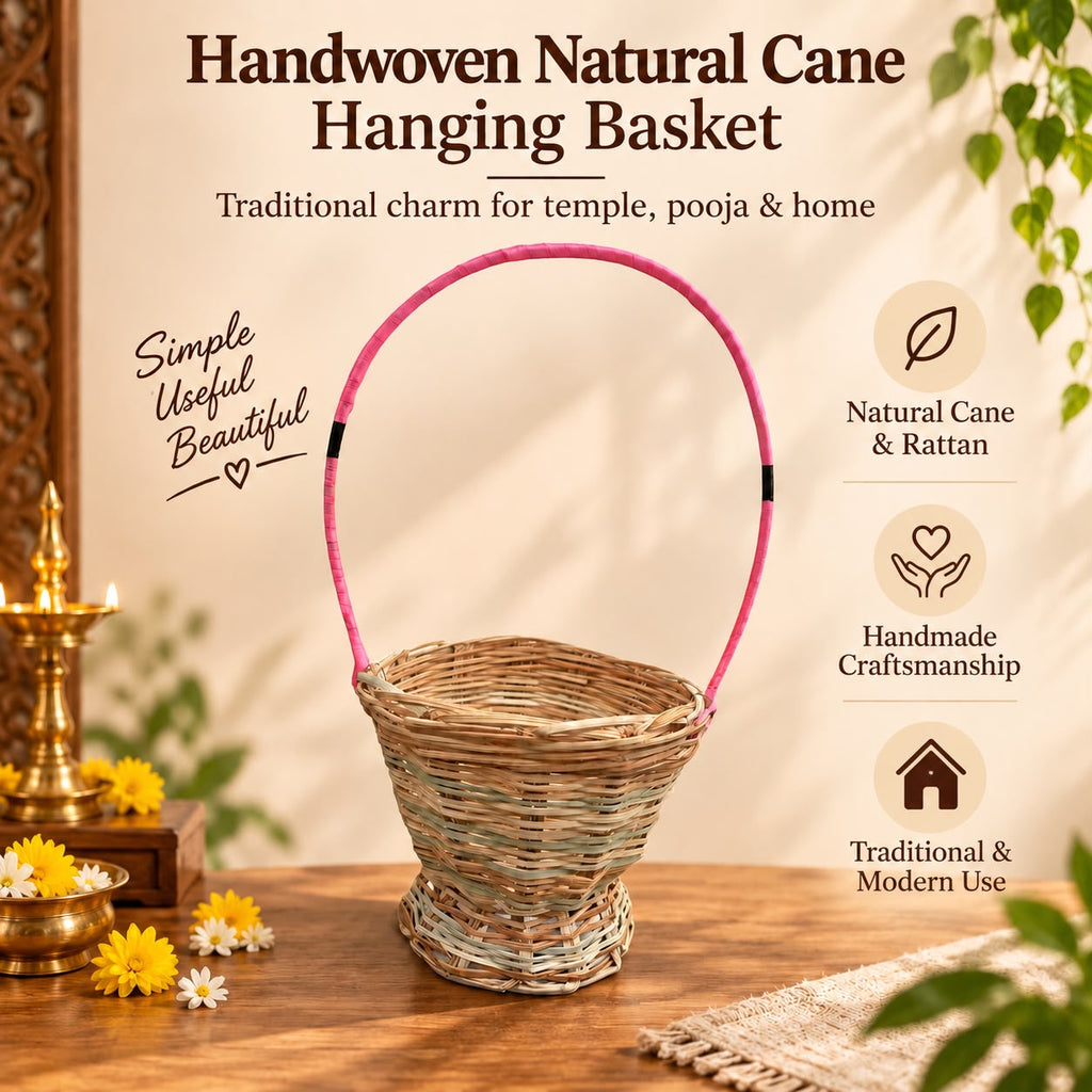 Handwoven Natural Cane and Rattan Hanging Basket for Temple & Pooja Use, Multipurpose Flower & Plant Holder for Home, Mandir, Balcony
