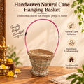 Handwoven Natural Cane and Rattan Hanging Basket for Temple & Pooja Use, Multipurpose Flower & Plant Holder for Home, Mandir, Balcony