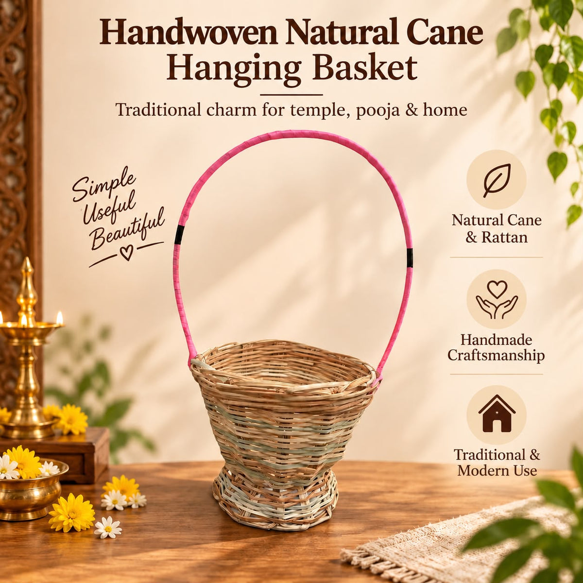Handwoven Natural Cane and Rattan Hanging Basket for Temple & Pooja Use, Multipurpose Flower & Plant Holder for Home, Mandir, Balcony