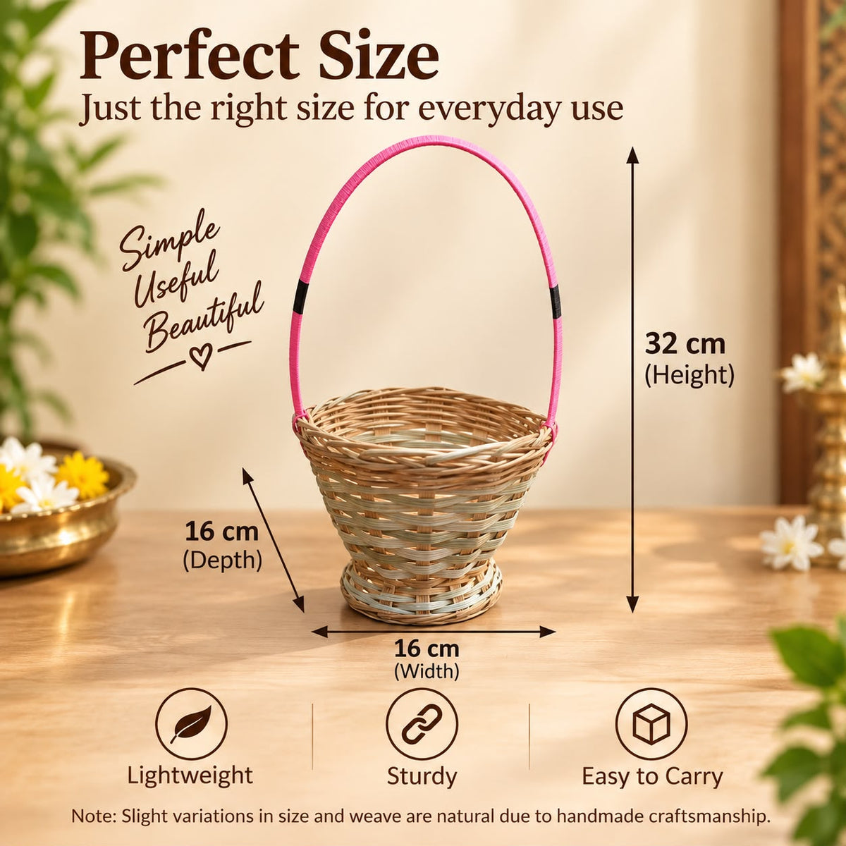 Handwoven Natural Cane and Rattan Hanging Basket for Temple & Pooja Use, Multipurpose Flower & Plant Holder for Home, Mandir, Balcony