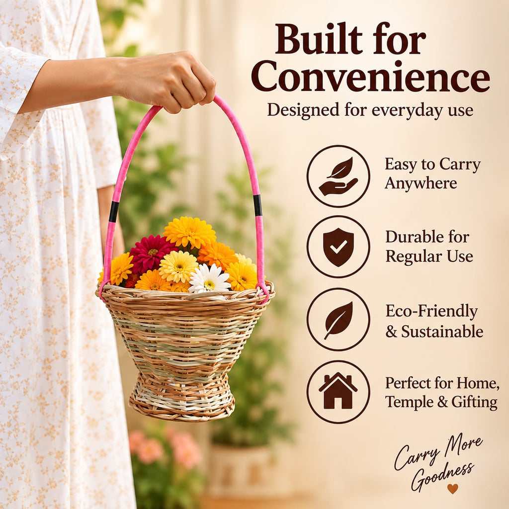 Handwoven Natural Cane and Rattan Hanging Basket for Temple & Pooja Use, Multipurpose Flower & Plant Holder for Home, Mandir, Balcony