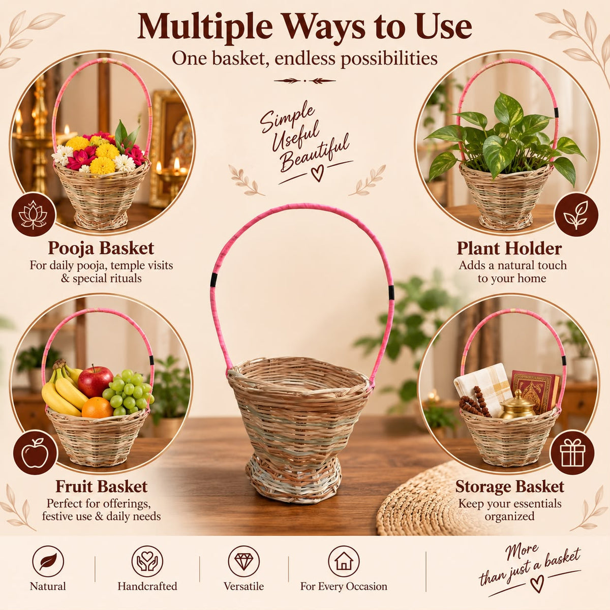 Handwoven Natural Cane and Rattan Hanging Basket for Temple & Pooja Use, Multipurpose Flower & Plant Holder for Home, Mandir, Balcony