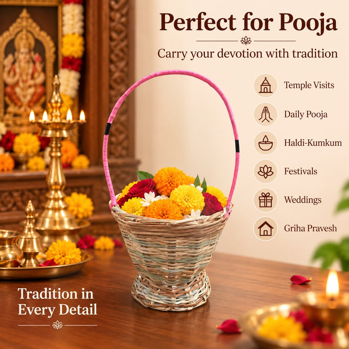 Handwoven Natural Cane and Rattan Hanging Basket for Temple & Pooja Use, Multipurpose Flower & Plant Holder for Home, Mandir, Balcony