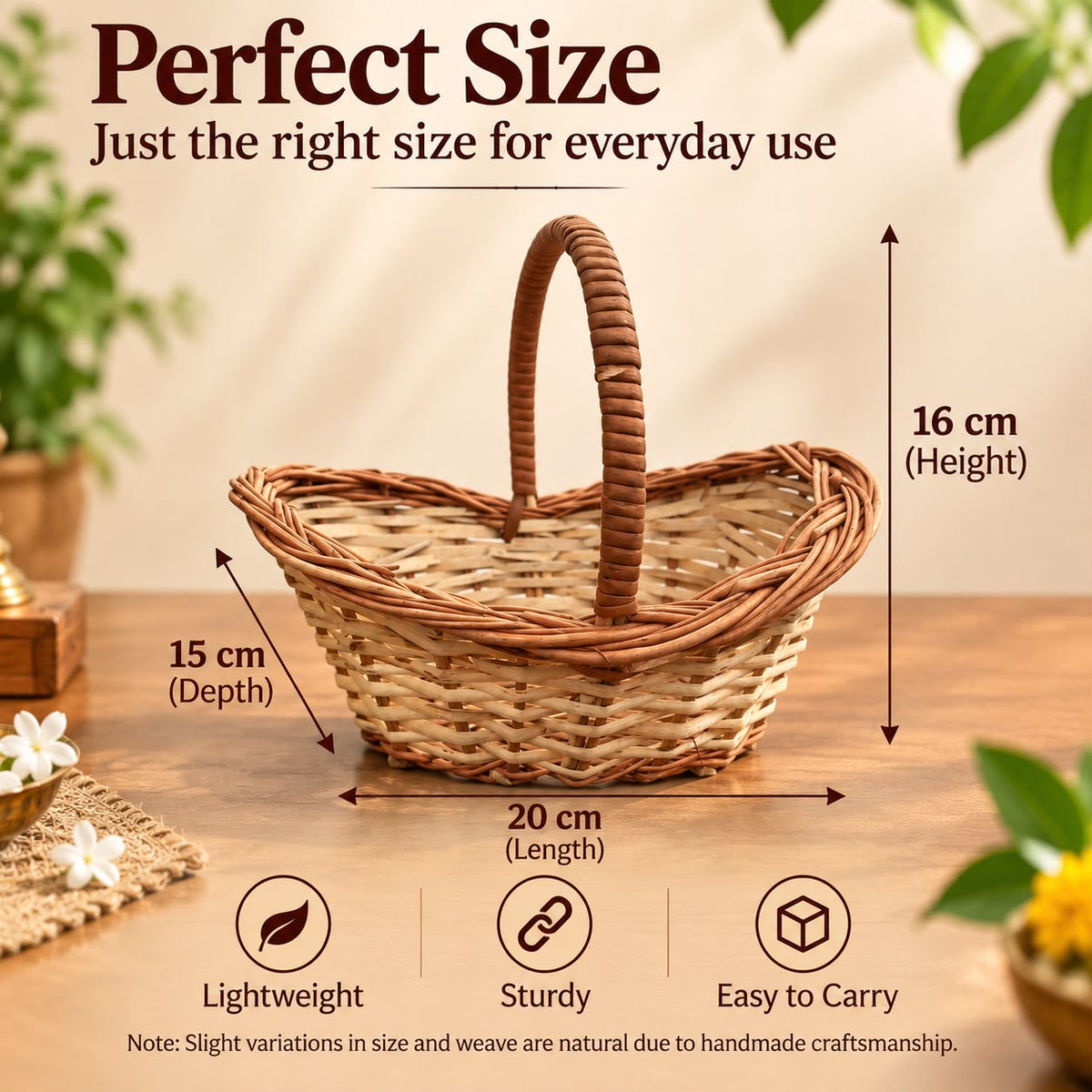 Handmade Boat Shaped Cane Basket with Wrapped Handle