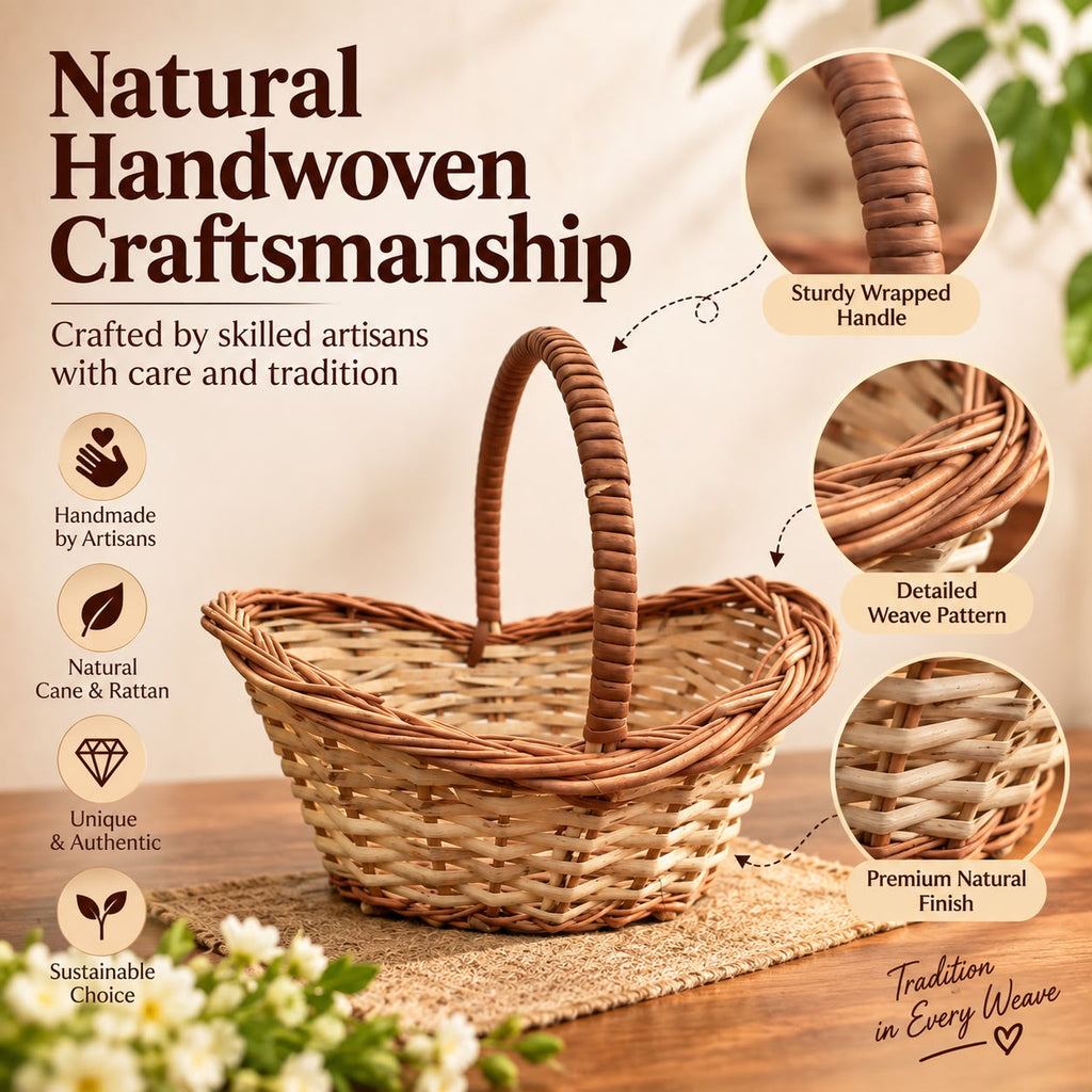 Handmade Boat Shaped Cane Basket with Wrapped Handle