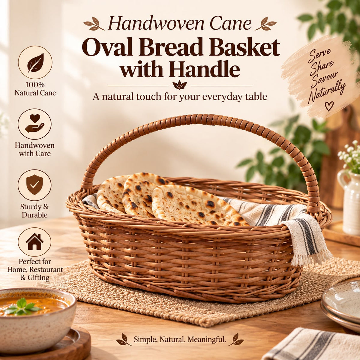 Handmade Oval Shaped Cane Basket with Wrapped Handle