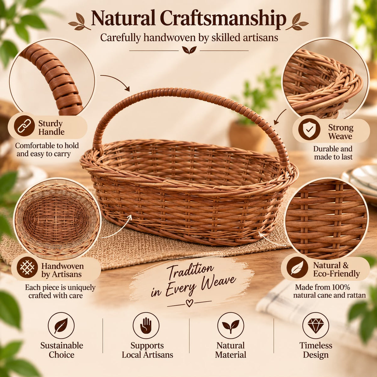 Handmade Oval Shaped Cane Basket with Wrapped Handle