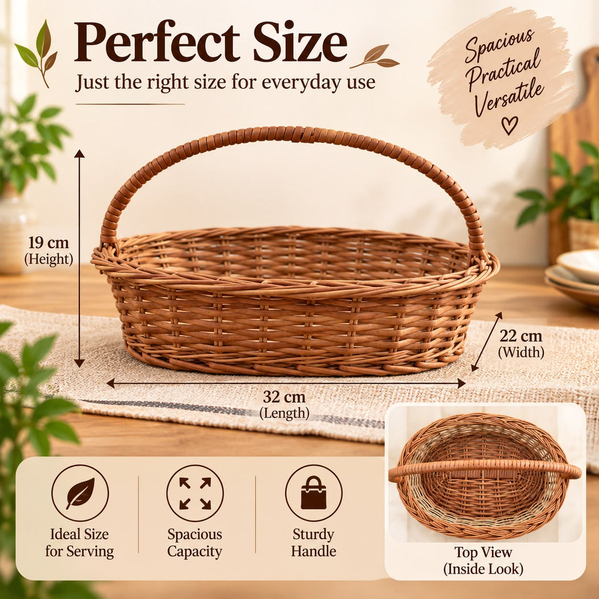 Handmade Oval Shaped Cane Basket with Wrapped Handle