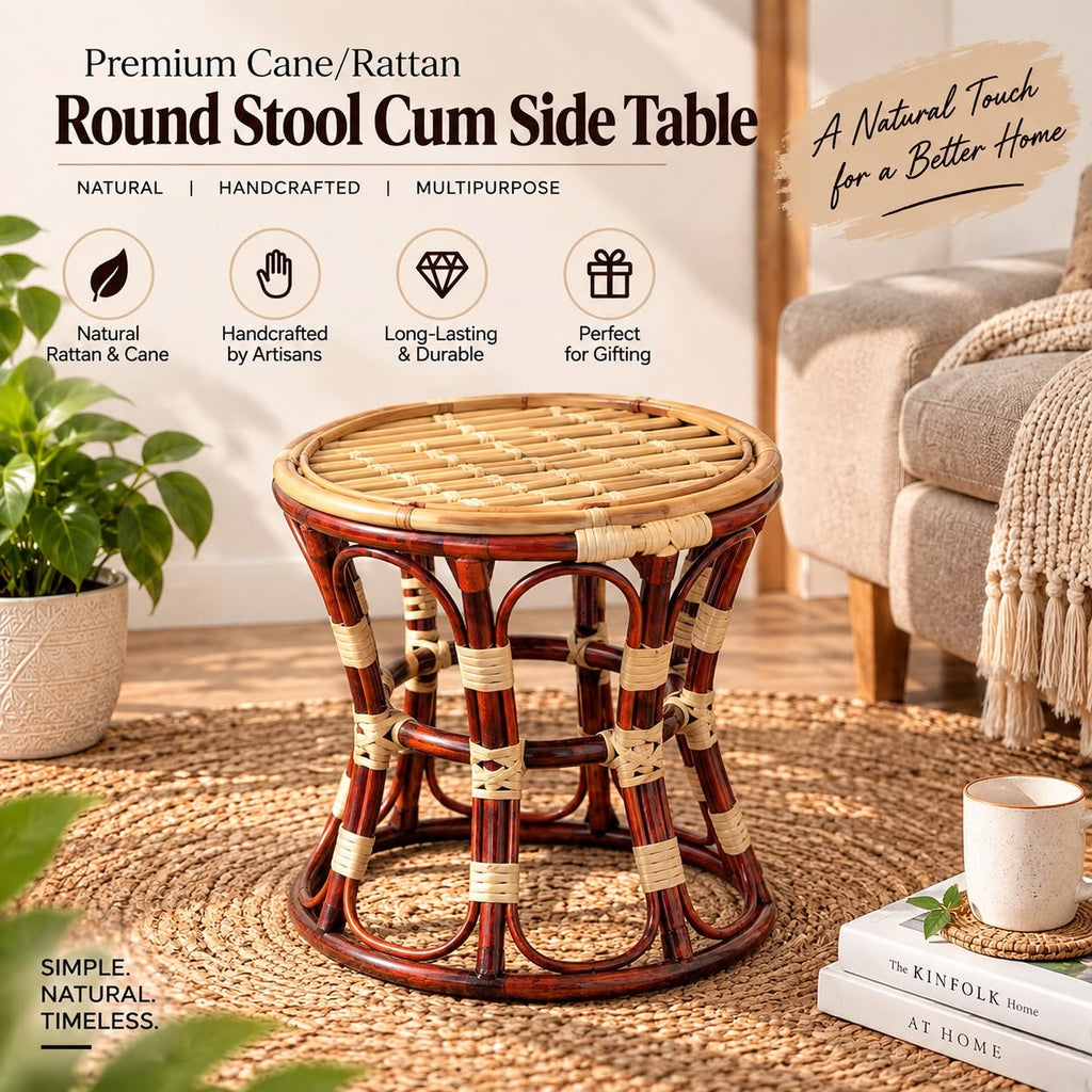 Premium Cane/Rattan Round Stool Cum Side Table