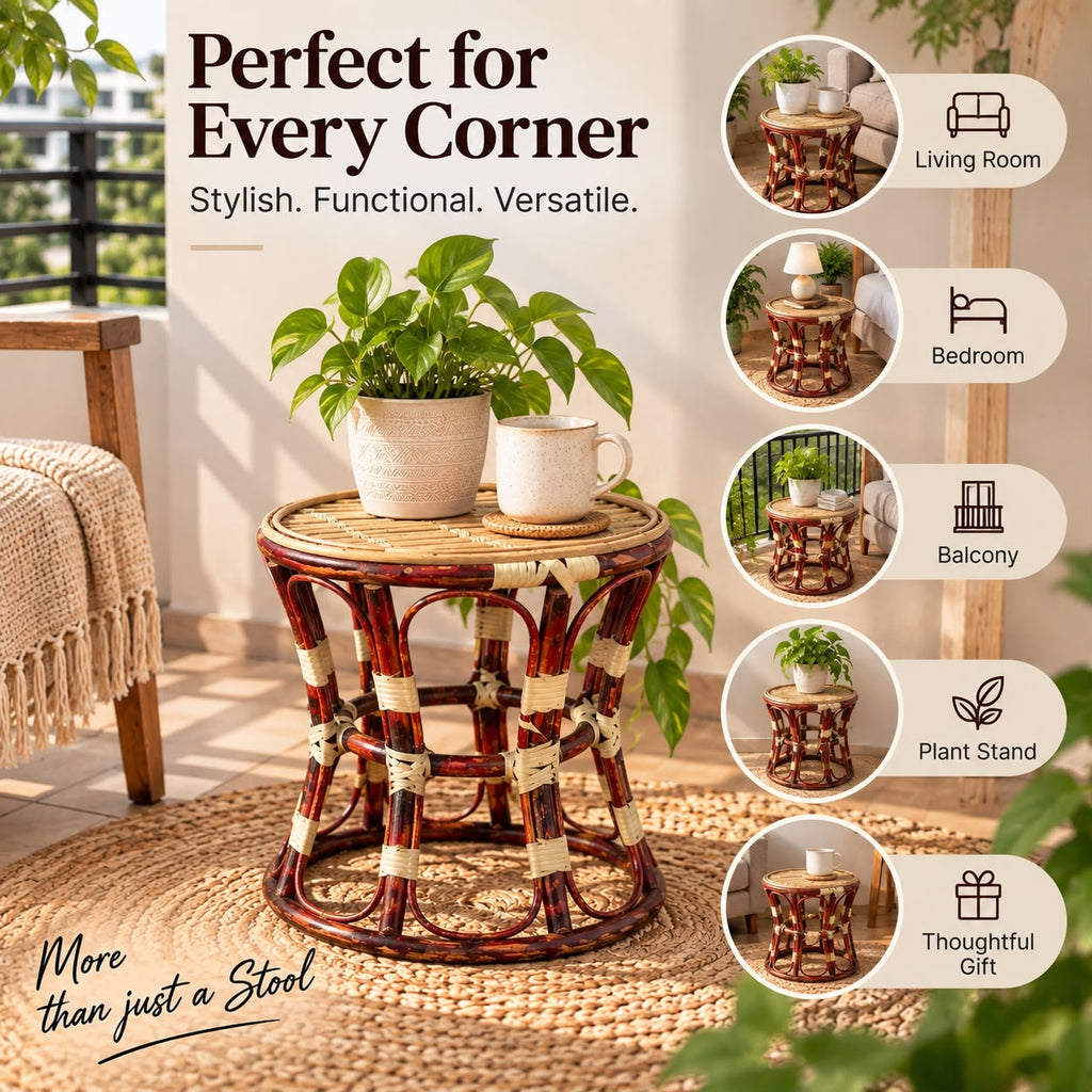 Premium Cane/Rattan Round Stool Cum Side Table