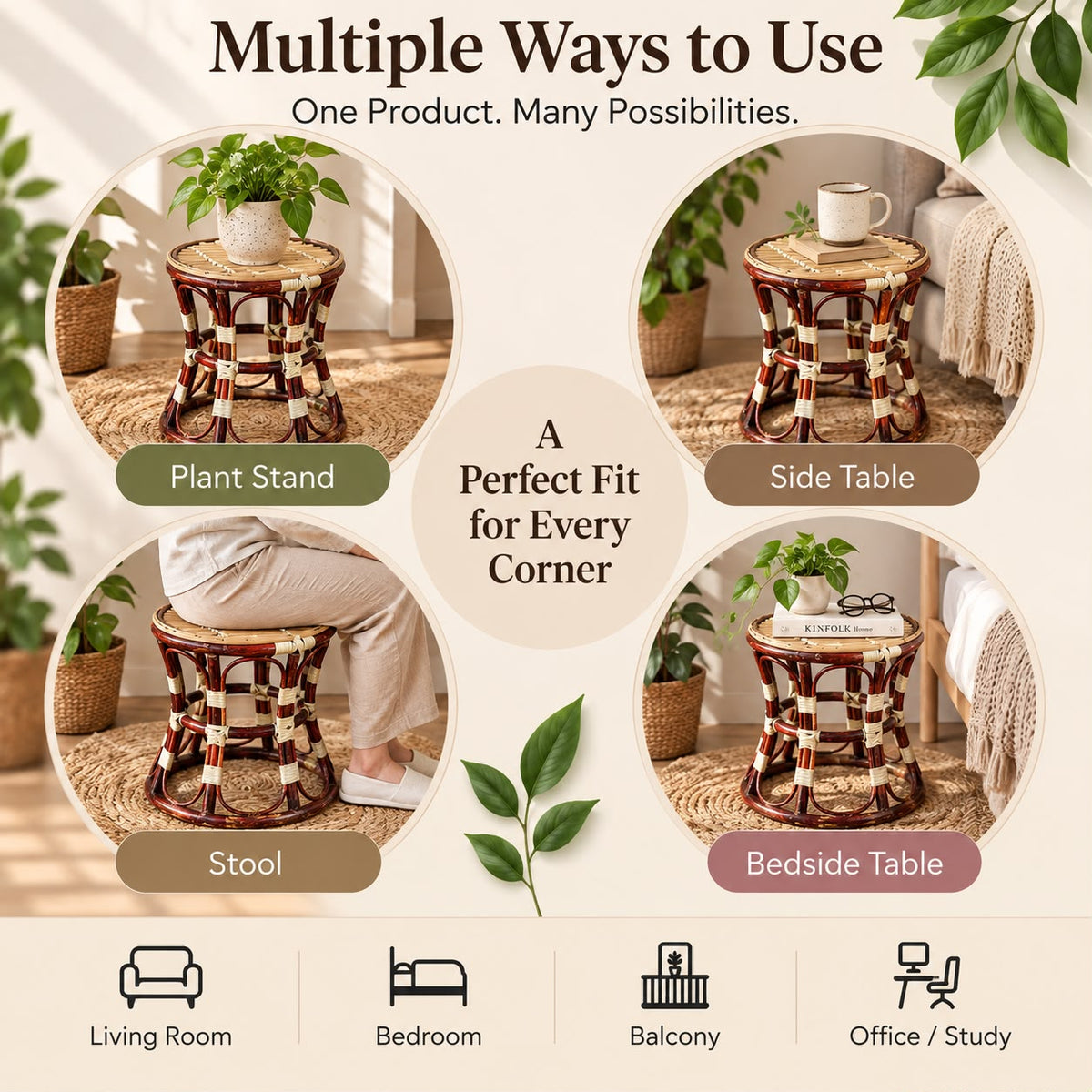 Premium Cane/Rattan Round Stool Cum Side Table