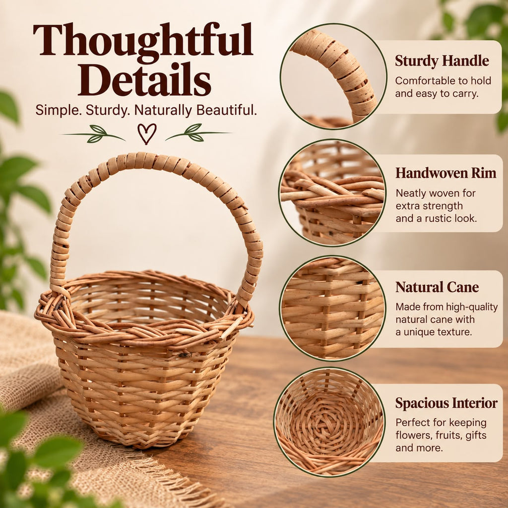 Cute Mini Handmade Cane Basket with Handle, Small Decorative Basket for Candy, Chocolates, Gifts & Home Decor, Perfect Miniature Craft Basket