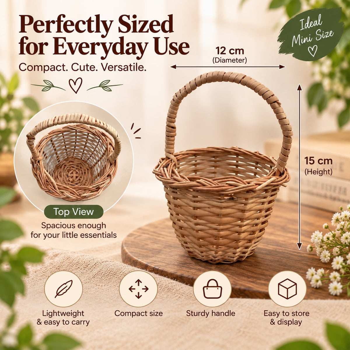 Cute Mini Handmade Cane Basket with Handle, Small Decorative Basket for Candy, Chocolates, Gifts & Home Decor, Perfect Miniature Craft Basket