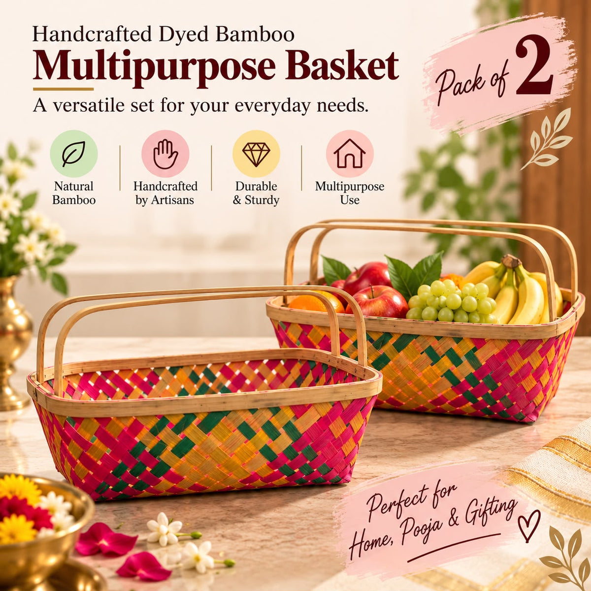 Handcrafted Dyed Bamboo Multipurpose Basket, Colorful Diamond Weave, Fruit & Gift Hamper Pooja Basket with Handle, Ideal for gifting