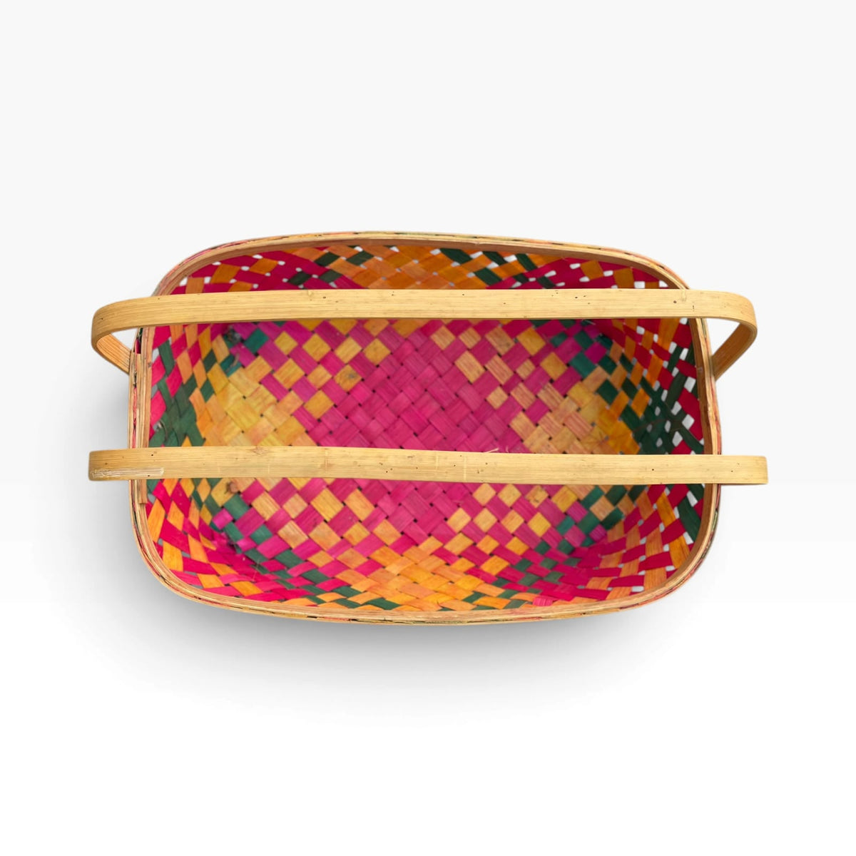 Handcrafted Dyed Bamboo Multipurpose Basket, Colorful Diamond Weave, Fruit & Gift Hamper Pooja Basket with Handle, Ideal for gifting