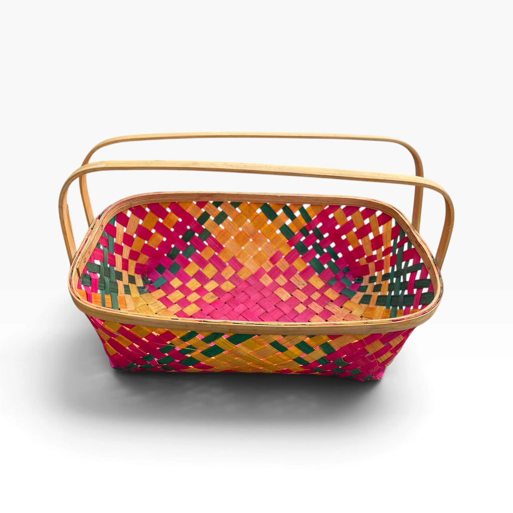 Handcrafted Dyed Bamboo Multipurpose Basket, Colorful Diamond Weave, Fruit & Gift Hamper Pooja Basket with Handle, Ideal for gifting
