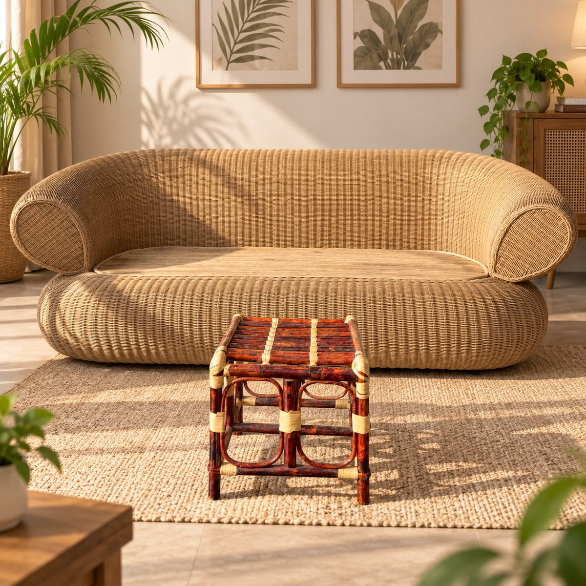 Premium Cane/Rattan Stool Cum Side Table, Handmade Square Shape Long-Lasting Natural Wicker, Multipurpose Table for Living Room, Bedroom, Balcony - Ideal as Housewarming & Wedding Gift (Small)