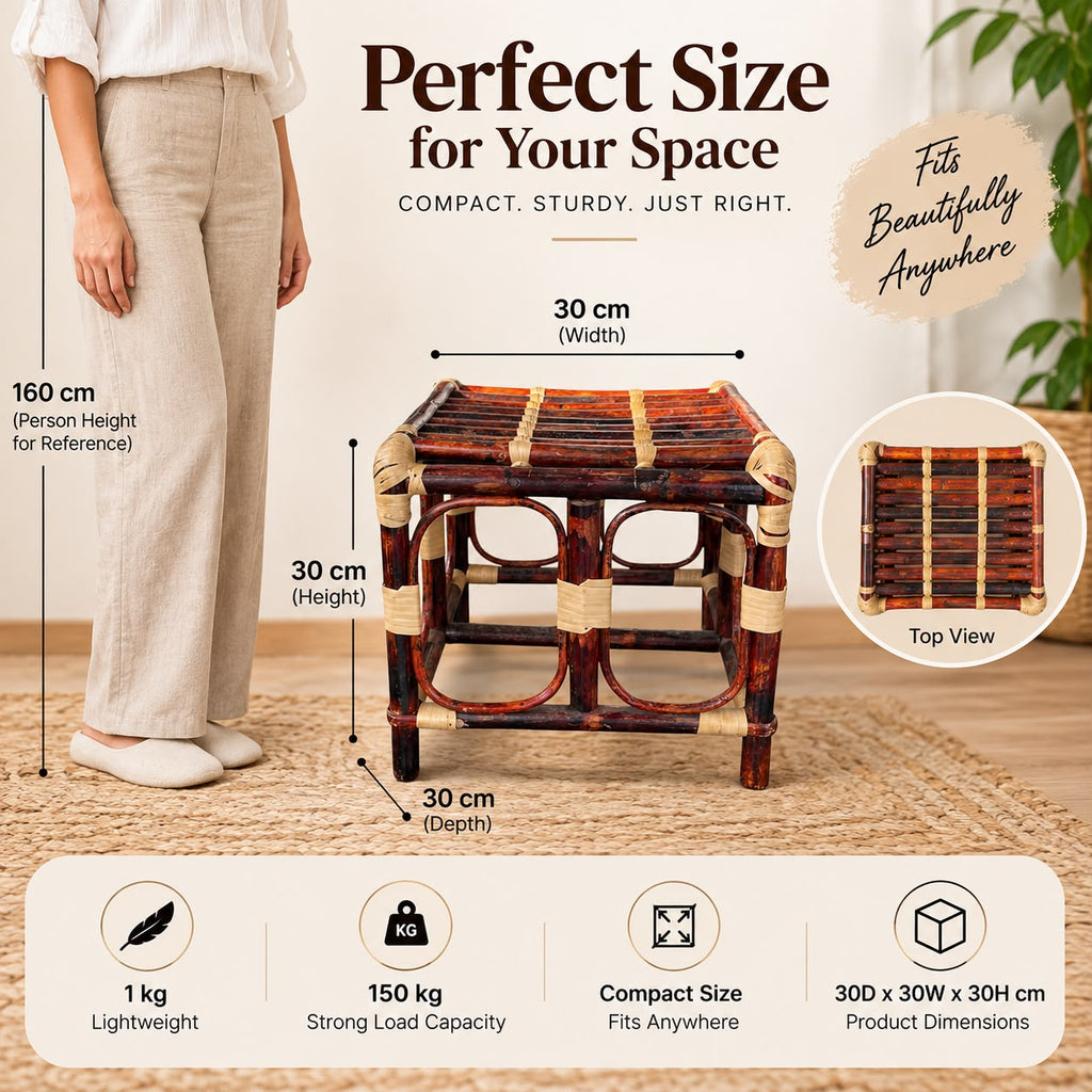 Premium Cane/Rattan Stool Cum Side Table, Handmade Square Shape Long-Lasting Natural Wicker, Multipurpose Table for Living Room, Bedroom, Balcony - Ideal as Housewarming & Wedding Gift (Small)