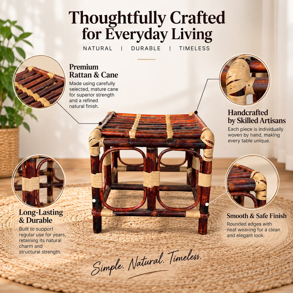 Premium Cane/Rattan Stool Cum Side Table, Handmade Square Shape Long-Lasting Natural Wicker, Multipurpose Table for Living Room, Bedroom, Balcony - Ideal as Housewarming & Wedding Gift (Small)