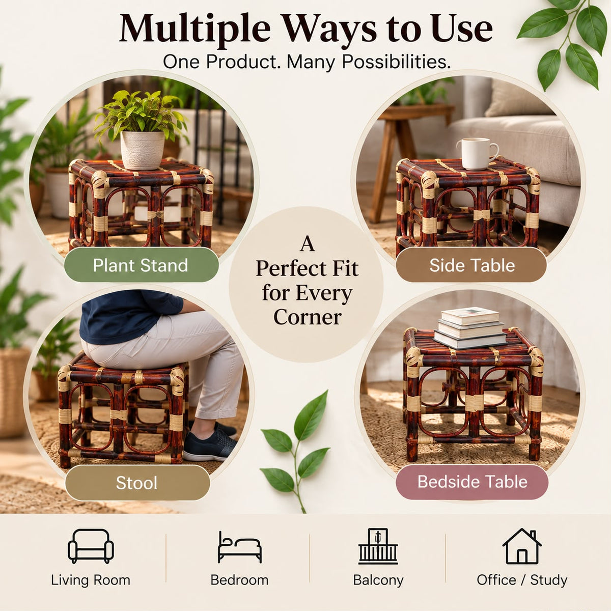 Premium Cane/Rattan Stool Cum Side Table, Handmade Square Shape Long-Lasting Natural Wicker, Multipurpose Table for Living Room, Bedroom, Balcony - Ideal as Housewarming & Wedding Gift (Small)