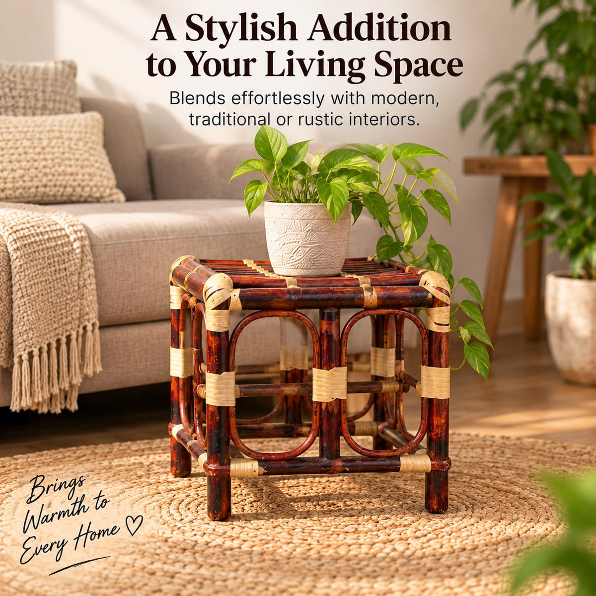 Premium Cane/Rattan Stool Cum Side Table, Handmade Square Shape Long-Lasting Natural Wicker, Multipurpose Table for Living Room, Bedroom, Balcony - Ideal as Housewarming & Wedding Gift (Small)