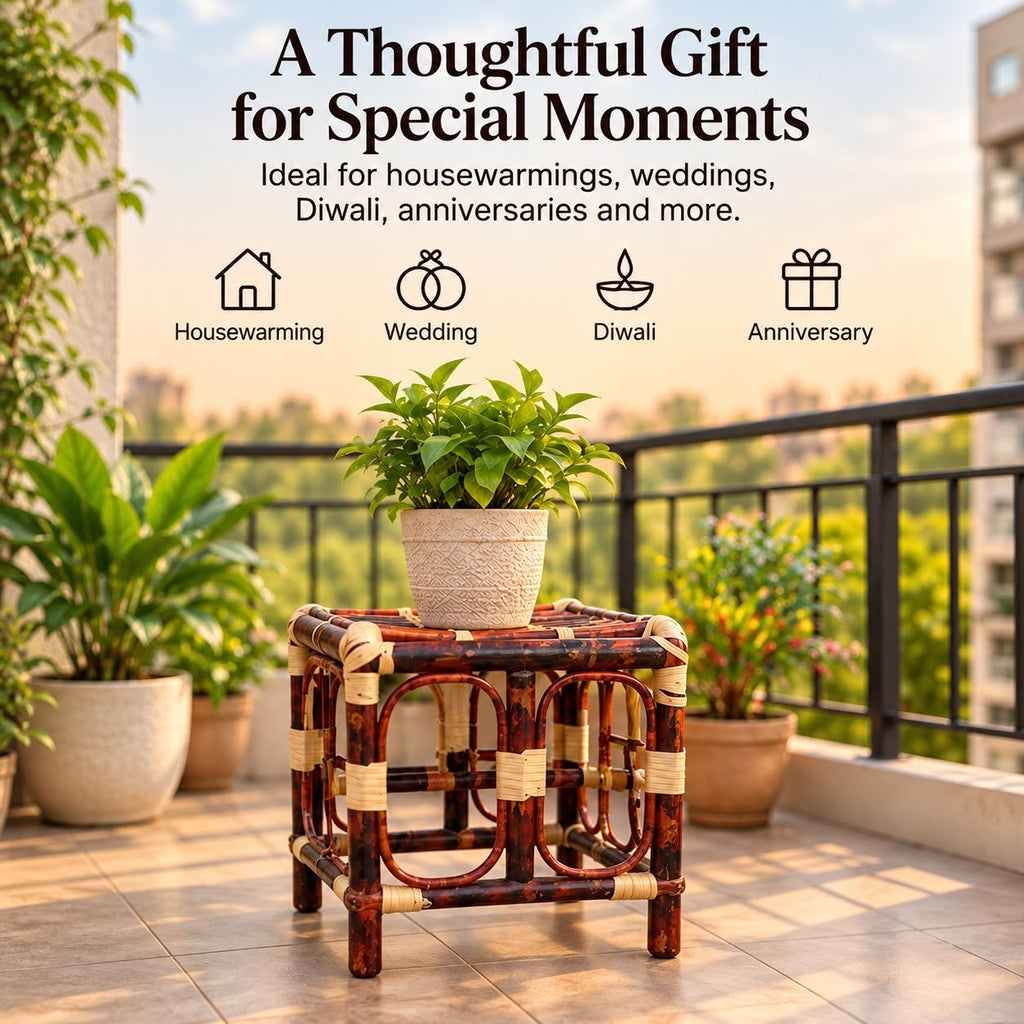 Premium Cane/Rattan Stool Cum Side Table, Handmade Square Shape Long-Lasting Natural Wicker, Multipurpose Table for Living Room, Bedroom, Balcony - Ideal as Housewarming & Wedding Gift (Small)