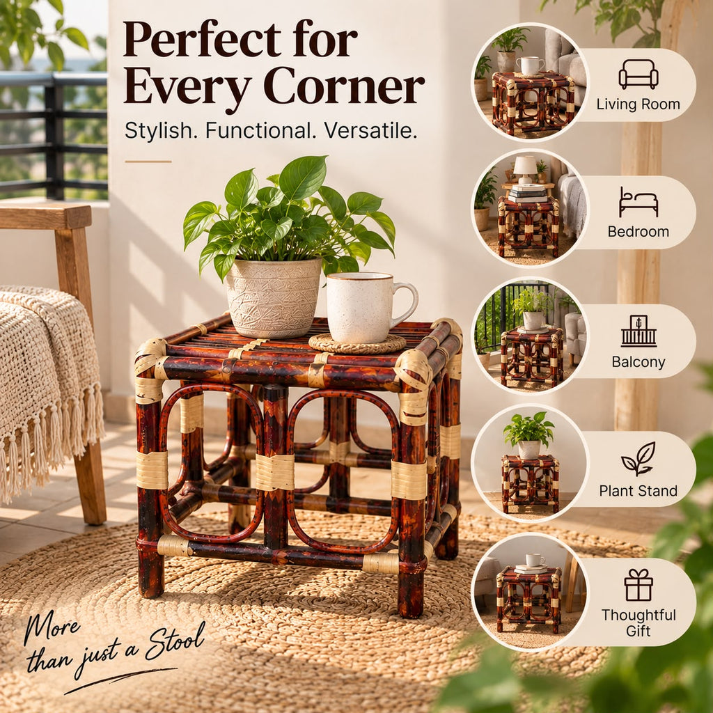 Premium Cane/Rattan Stool Cum Side Table, Handmade Square Shape Long-Lasting Natural Wicker, Multipurpose Table for Living Room, Bedroom, Balcony - Ideal as Housewarming & Wedding Gift (Small)