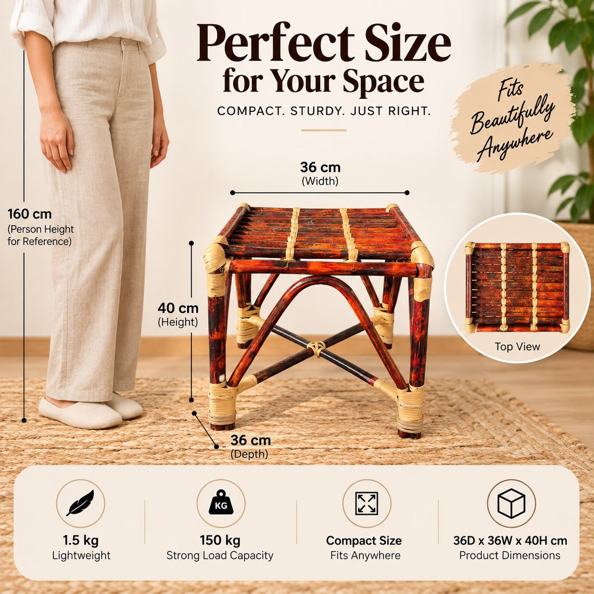 Premium Cane/Rattan Stool Cum Side Table, Handmade Square Shape Long-Lasting Natural Wicker, Multipurpose Table for Living Room, Bedroom, Balcony - Ideal as Housewarming & Wedding Gift (Medium)
