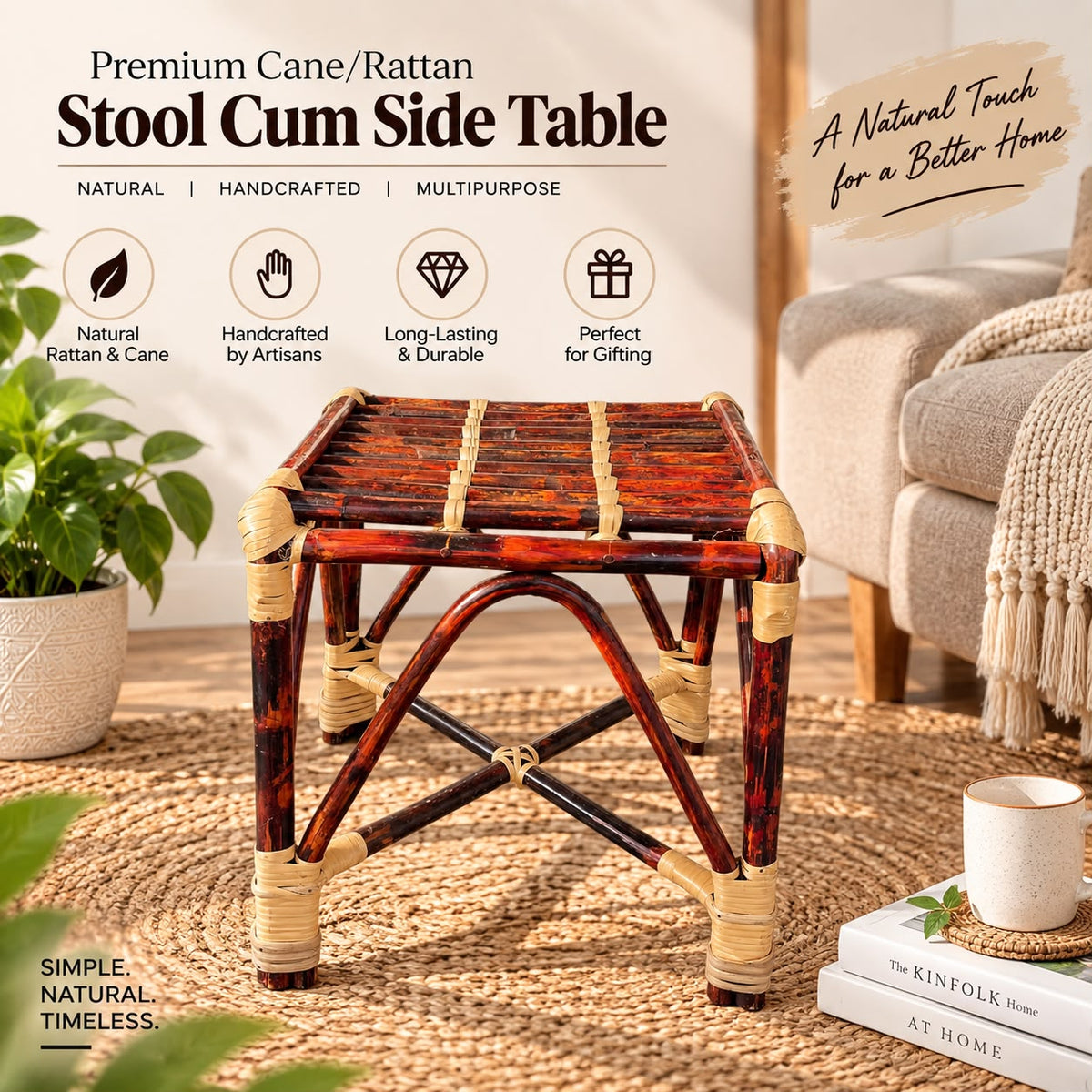 Premium Cane/Rattan Stool Cum Side Table, Handmade Square Shape Long-Lasting Natural Wicker, Multipurpose Table for Living Room, Bedroom, Balcony - Ideal as Housewarming & Wedding Gift (Medium)