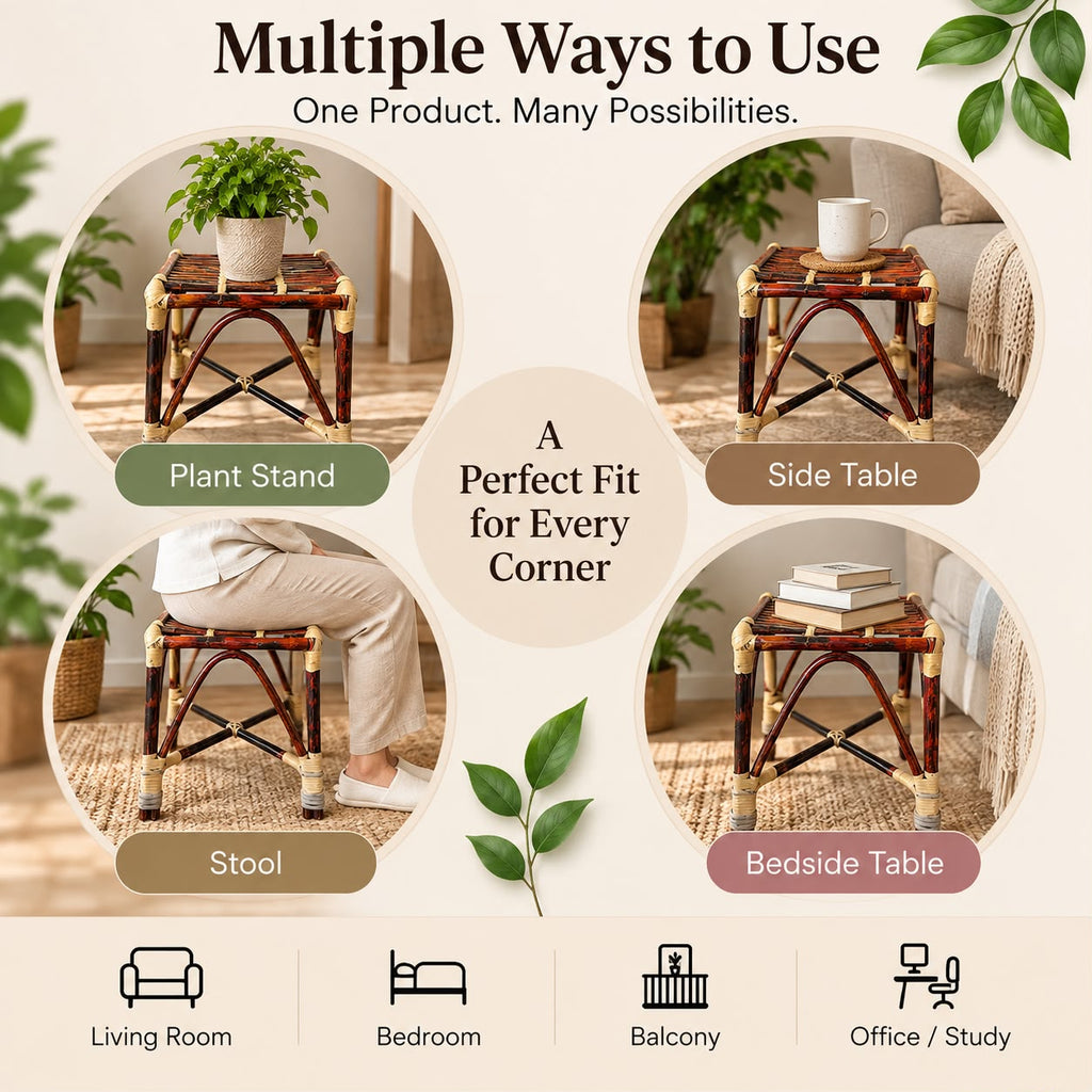 Premium Cane/Rattan Stool Cum Side Table, Handmade Square Shape Long-Lasting Natural Wicker, Multipurpose Table for Living Room, Bedroom, Balcony - Ideal as Housewarming & Wedding Gift (Medium)