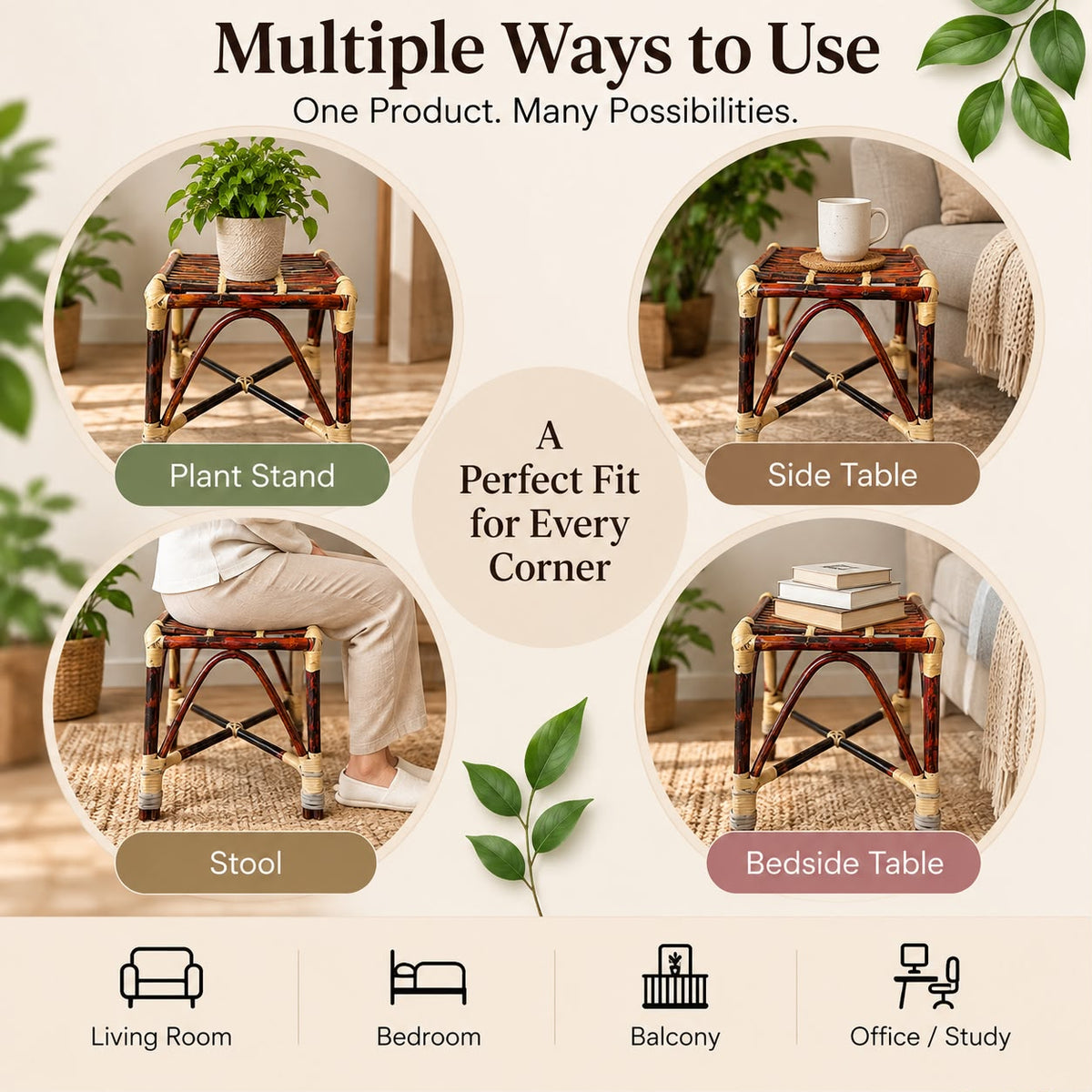 Premium Cane/Rattan Stool Cum Side Table, Handmade Square Shape Long-Lasting Natural Wicker, Multipurpose Table for Living Room, Bedroom, Balcony - Ideal as Housewarming & Wedding Gift (Medium)
