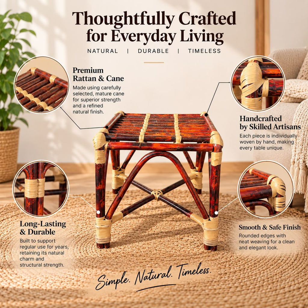 Premium Cane/Rattan Stool Cum Side Table, Handmade Square Shape Long-Lasting Natural Wicker, Multipurpose Table for Living Room, Bedroom, Balcony - Ideal as Housewarming & Wedding Gift (Medium)