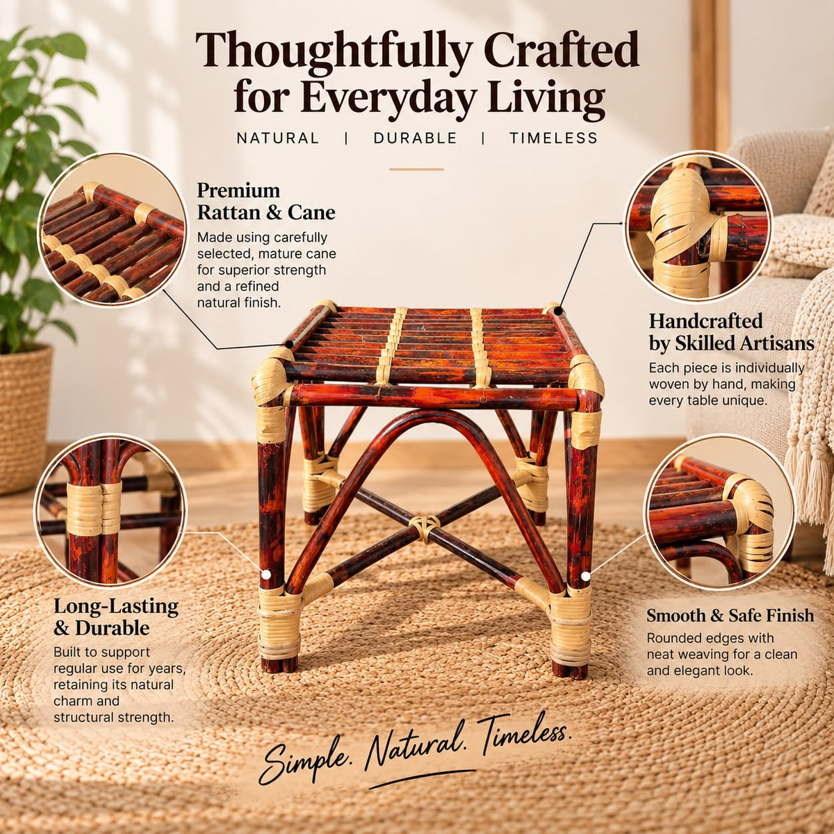 Premium Cane/Rattan Stool Cum Side Table, Handmade Square Shape Long-Lasting Natural Wicker, Multipurpose Table for Living Room, Bedroom, Balcony - Ideal as Housewarming & Wedding Gift (Medium)