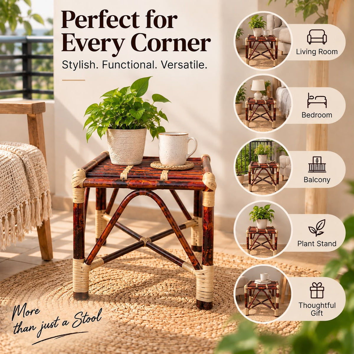 Premium Cane/Rattan Stool Cum Side Table, Handmade Square Shape Long-Lasting Natural Wicker, Multipurpose Table for Living Room, Bedroom, Balcony - Ideal as Housewarming & Wedding Gift (Medium)