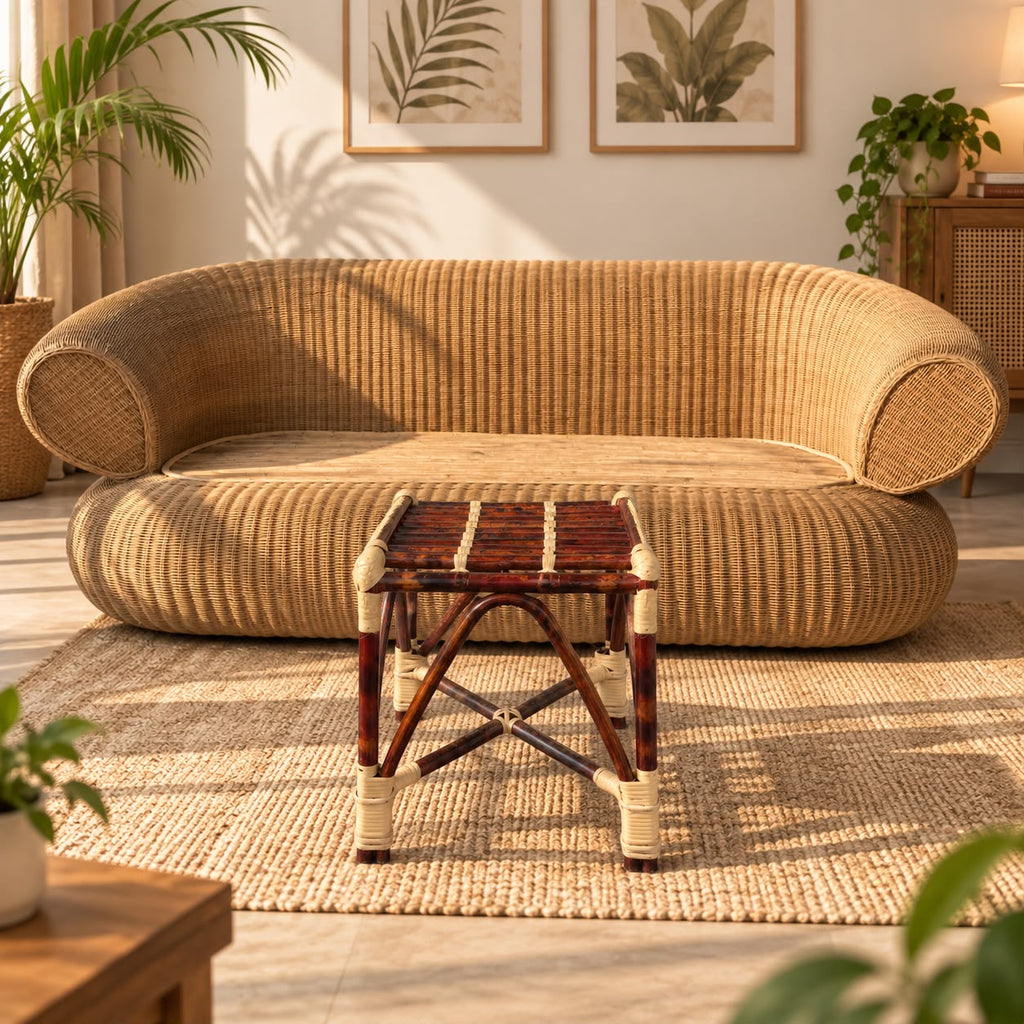 Premium Cane/Rattan Stool Cum Side Table, Handmade Square Shape Long-Lasting Natural Wicker, Multipurpose Table for Living Room, Bedroom, Balcony - Ideal as Housewarming & Wedding Gift (Medium)